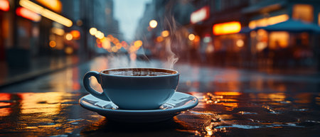 Close-up of a steaming espresso cup on an outdoor cafe table with city lights at dusk.の素材