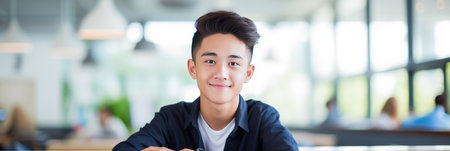 Portrait of a 19-year-old Asian male with a modern hairstyle and friendly expression.の素材