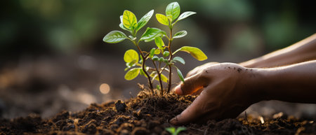 Close-up of elderly hands planting a fresh basil seedling in fertile soil.の素材