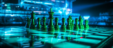 Chessboard with pieces illuminated by neon lights in a dark, futuristic setting.の素材
