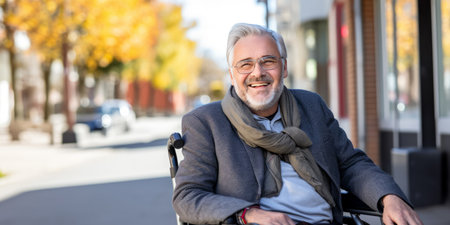 Elderly man with glasses, enjoying a sunny day outside while seated in a wheelchair.の素材