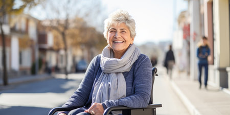 Elderly woman with joyous expression in a wheelchair on urban street.の素材