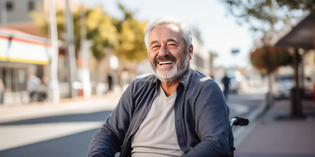 Elderly man with glasses, enjoying a sunny day outside while seated in a wheelchair.の素材