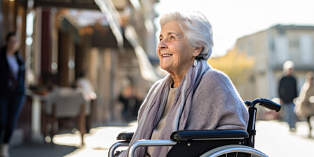 Elderly woman with joyous expression in a wheelchair on urban street.の素材