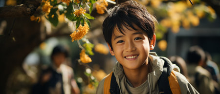 A young boy deeply engrossed in reading a book under a tree's soothing shade.の素材