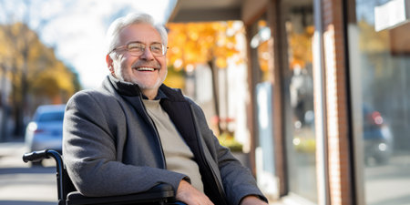 Elderly man with glasses, enjoying a sunny day outside while seated in a wheelchair.の素材