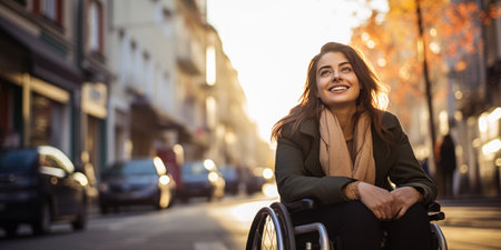 Joyful woman in wheelchair on city sidewalk, sharing a warm smile.の素材