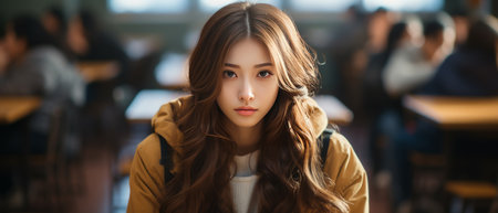 A pensive Asian student with wavy hair sitting alone in a classroom, evoking a sense of solitude.の素材