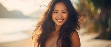 Joyful Asian woman with flowing hair on a sunny beach, exuding happiness and warmth.の素材