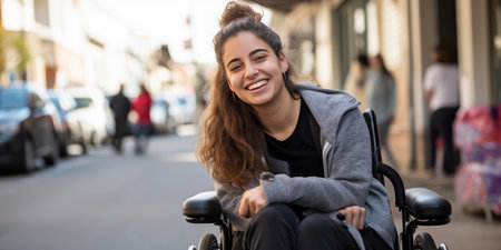 Cheerful girl in a wheelchair enjoying a vibrant city atmosphere, radiating positivity.の素材