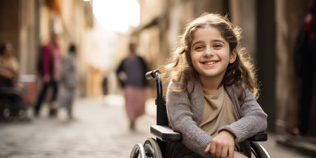 Cheerful girl in a wheelchair enjoying a vibrant city atmosphere, radiating positivity.の素材