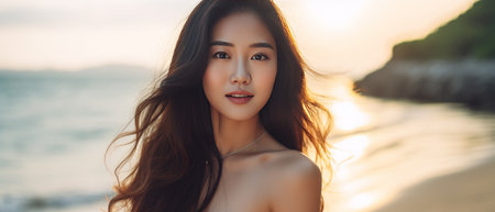 Joyful Asian woman with flowing hair on a sunny beach, exuding happiness and warmth.の素材