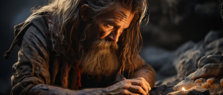 An intense gaze of a rugged man as he works by the fire's glow.の素材