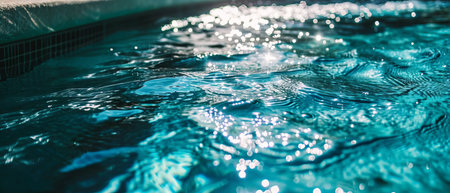 Sunlight dances on the rippling turquoise waters of a serene pool, creating a mosaic of light.の素材