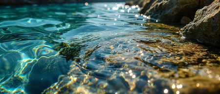 Sunlight reflects on the ripping surface of coastal waters by rocky shores.の素材