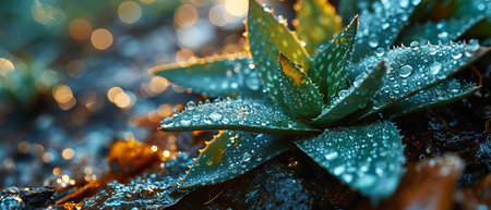 A detailed view of a aloe plant with water droplets glistening on its surface.の素材