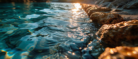 Sunlight reflects on the ripping surface of coastal waters by rocky shores.の素材