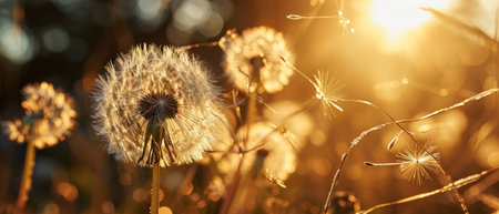 A pair of dandelion seed heads, capturing the warm glow of a setting sun.の素材