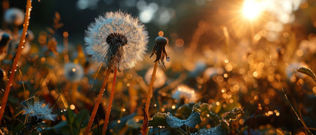 Close-up of a dew-covered dandelion against a golden sunset.の素材