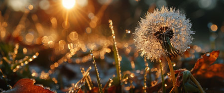 Close-up of a dew-covered dandelion against a golden sunset.の素材