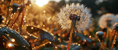 Close-up of a dew-covered dandelion against a golden sunset.の素材