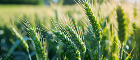 A wheat field captured at golden hour, the sun's rays highlighting the dew on each ear.の素材
