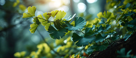 Dew-laden Ginkgo Biloba leaves glistening in the gentle sunlight.の素材