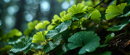 Ginkgo Biloba leaves adorned with dewdrops, basking in soft, dappled sunlight.の素材