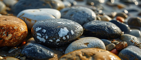 A pile of rocks sits on top of a sandy beach as waves crash in the background.の素材