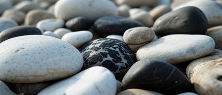 A serene close-up captures the variety of smooth pebbles found on a beach, warmed by the early rays of sunlight filtering through.の素材