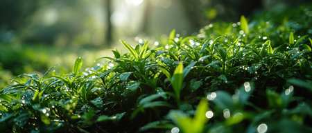 Fresh green grass covered with dew drops glistens in the warm light of a sunrise, creating a tranquil morning scene.の素材