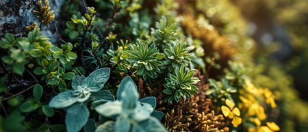 Close-up view of a diverse array of succulent plants, showing their varied textures and green to yellow tones.の素材
