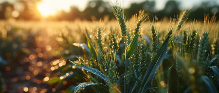Young green wheat ears touched by the soft light of dawn, dotted with morning dew.の素材