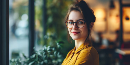 Stylish Young Woman with Glasses. Confident young woman wearing glasses and a shirt.の素材