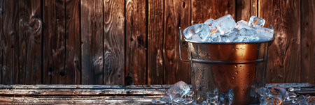 Vintage Bucket Brimming with Ice Cubes on Wooden Surface.の素材