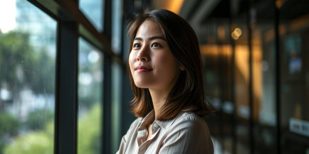 Serene Woman in Natural Light. Radiant Asian woman smiling gently by a window.の素材