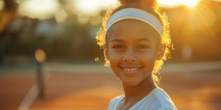 A young girl is smiling at the camera while holding a tennis racket. She appears enthusiastic and engaged in the sport.の素材