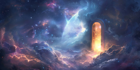Alone door opening into the sky, encircled by soft, billowing clouds and a halo of divine light, with the contrasting serenity of a starry night sky.の素材
