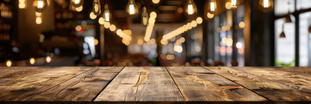 Wooden Table with Blurred Bistro Background.の素材