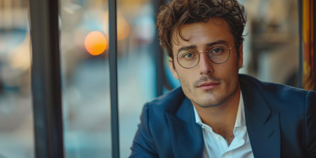 A photo capturing a fashionable man wearing glasses as he sits in front of a window, gazing outside.の素材