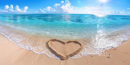 Heart Drawn on Sandy Beach with Crystal-Clear Waters.の素材