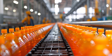 Industrial Bottling Process with Rows of Orange Beverage Bottles.の素材