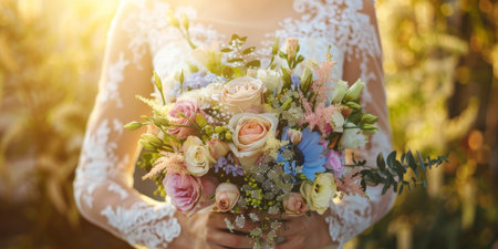 Bride in Lace Dress Holding a Pastel Wedding Bouquet.の素材