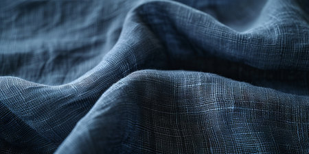Macro shot of dark blue fabric showing the intricate weave and texture, ideal for design backgrounds. Detailed Dark Blue Fabric Texture Close-Up.の素材