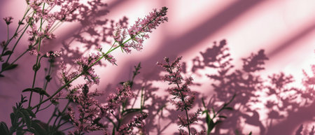 Pink Flowers with Delicate Shadows on Pink Background. Elegant pink flowers cast soft shadows against a monochromatic pink background, creating a tranquil and romantic mood.の素材