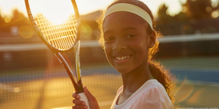An outdoor tennis court at sunset, where a smiling young girl with a headband and tennis attire stands ready to play, the sunlight highlighting her silhouette as she holds up her racket.の素材