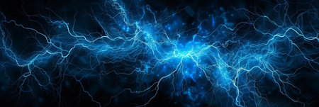 And intricate network of intense, glowing blue electricity arcing through a pitch-black space, resembling a scientific illustration of plasma.の素材