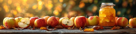 A wooden table is covered with an abundance of freshly sliced apples, creating a visually appealing display of colorful fruit ready to be enjoyed or used in various culinary preparations.の素材