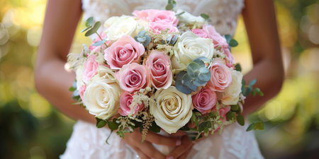A bride is photographed holding a bouquet of soft pink and white roses. The delicate flowers contrast beautifully against her white dress, adding a touch of elegance to her wedding attire.の素材