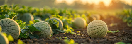 A row of ripe watermelons sits neatly in the middle of a vast field. The fruits are ready for harvest, with their green rinds contrasting against the brown soil underneath. This agricultural landscape showcases the abundance of the summer harvest.の素材
